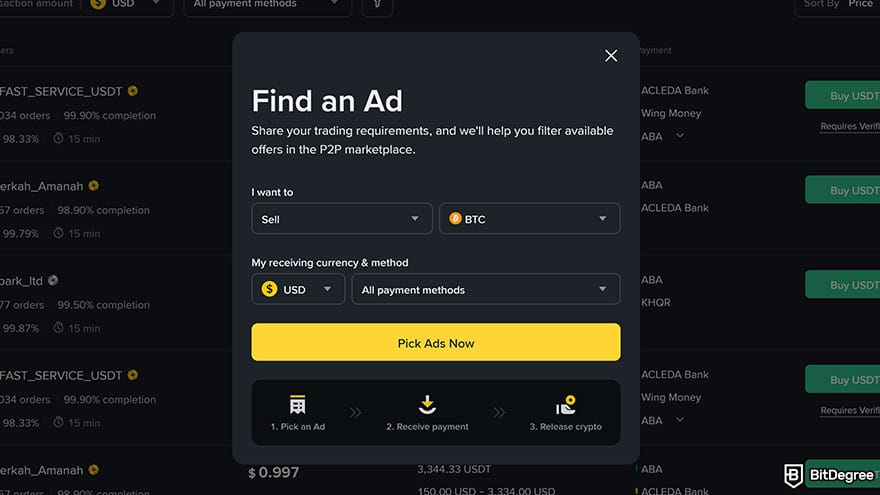 How to cash out Bitcoin: find an ad on Binance P2P marketplace.