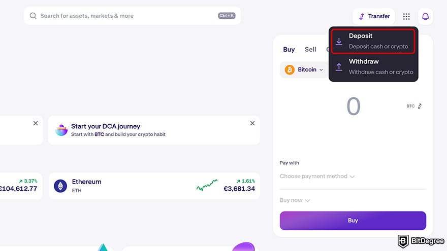 How to cash out Bitcoin: deposit button on Kraken.
