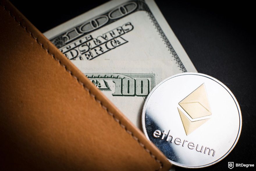 How to cash out Ethereum: an Ethereum coin and a dollar bill.