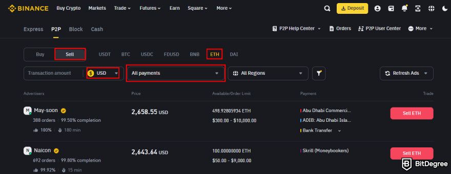 How to cash out Ethereum: the "Sell" tab on Binance P2P.