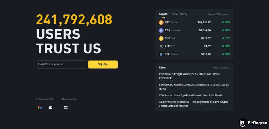 How to choose a crypto exchange: Binance platform landing page.