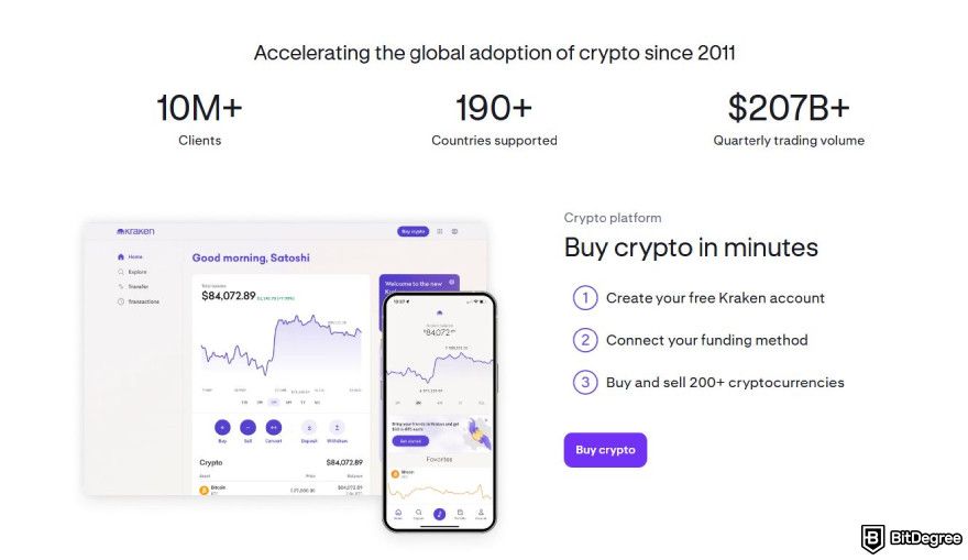 How to choose a crypto exchange: Kraken platform landing page.