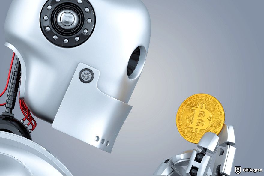 How to choose crypto trading bot: a robot holding a Bitcoin.