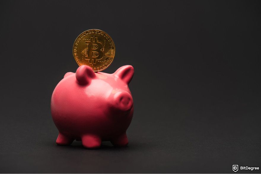 How to choose crypto trading bot: a Bitcoin going into a piggy bank.