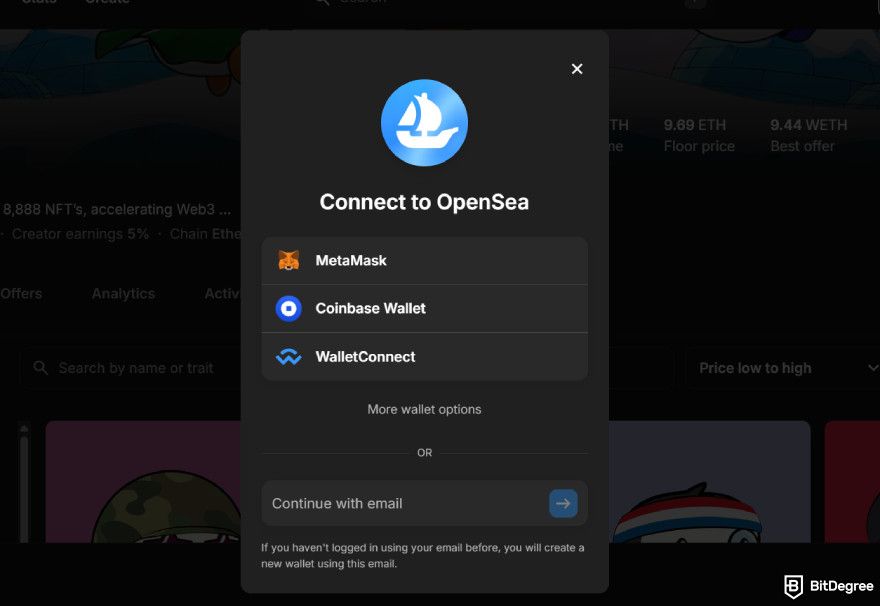 How to claim Dym airdrop: connect a wallet to OpenSea.