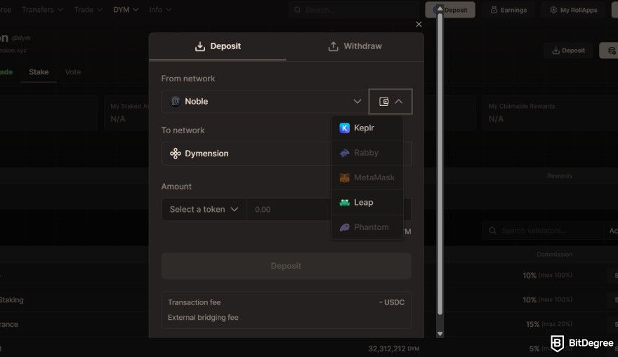 How to claim Dym airdrop: the [Deposit] window on Dymension's staking portal.