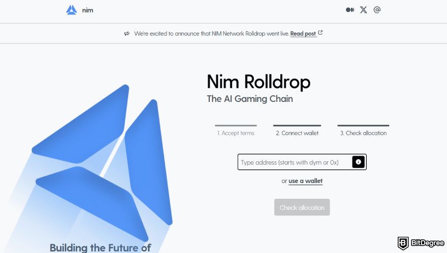 How to claim Dym airdrop: Nim Rolldrop's homepage.