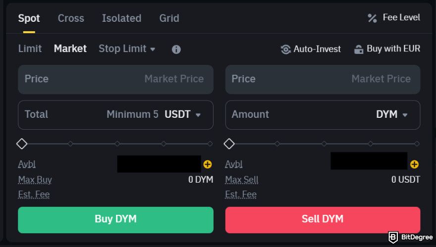 How to claim Dym airdrop: making an order on Binance.