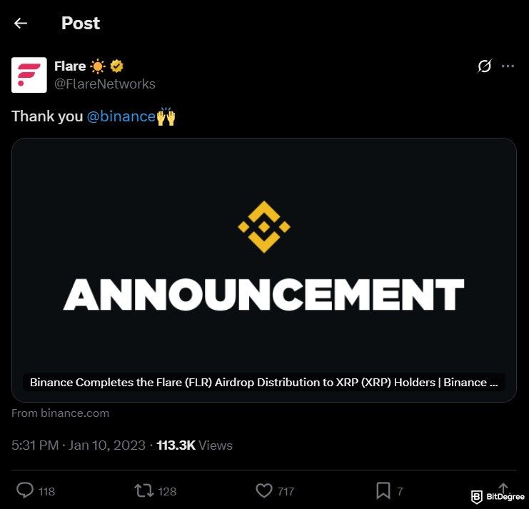 How to claim Flare airdrop: a Flare Network X (Twitter) post that announces Binance has finished distributing the tokens.