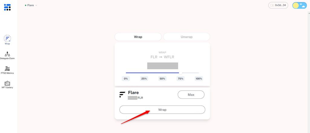 How to claim Flare airdrop: entering the amount of FLR on Flare Oracle Delegator.