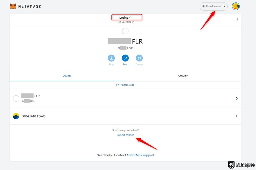 How to claim Flare airdrop: the WFLR amount shown as FLR in Ledger via MetaMask.
