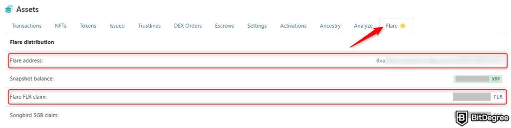 How to claim Flare airdrop: the FLR airdrop amount received, shown on XRPScan.