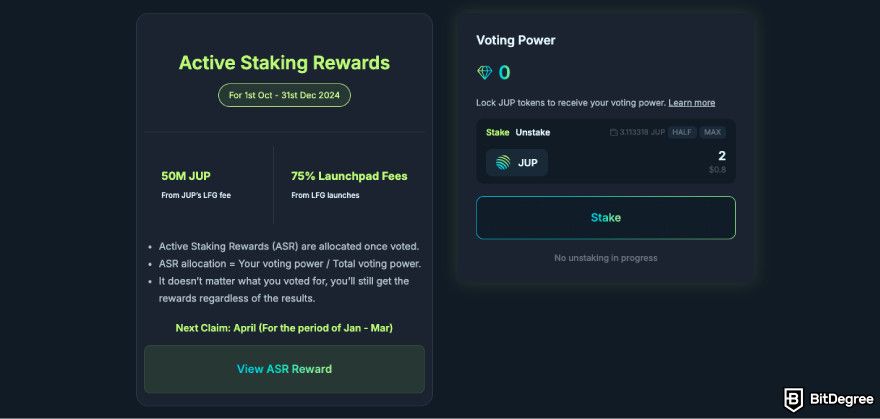 How to claim Jupiter airdrop: enter the amount and click Stake.