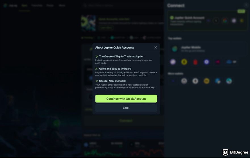How to claim Jupiter airdrop: click Continue with Quick Account.