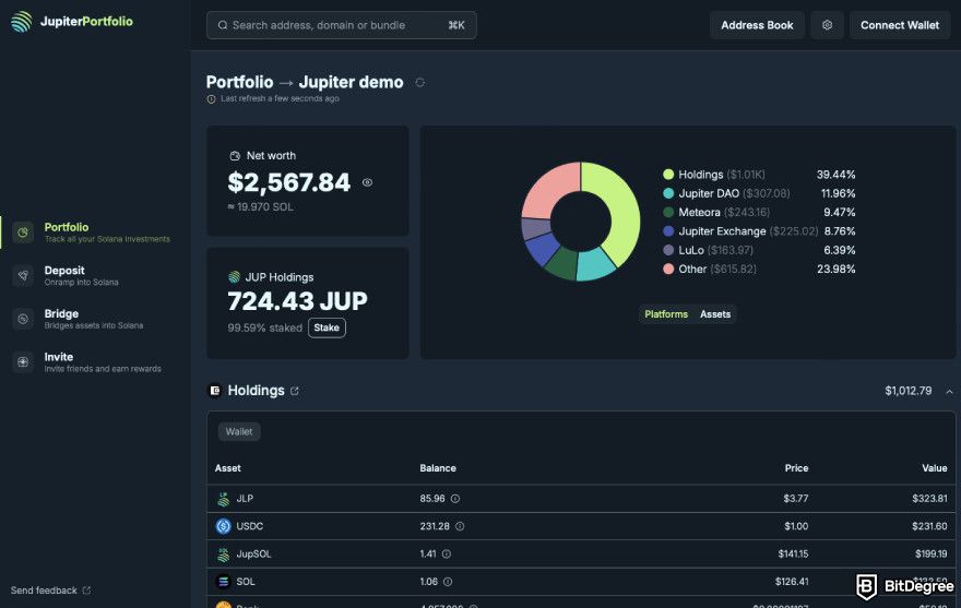 How to claim Jupiter airdrop: a screenshot of Jupiter's demo.