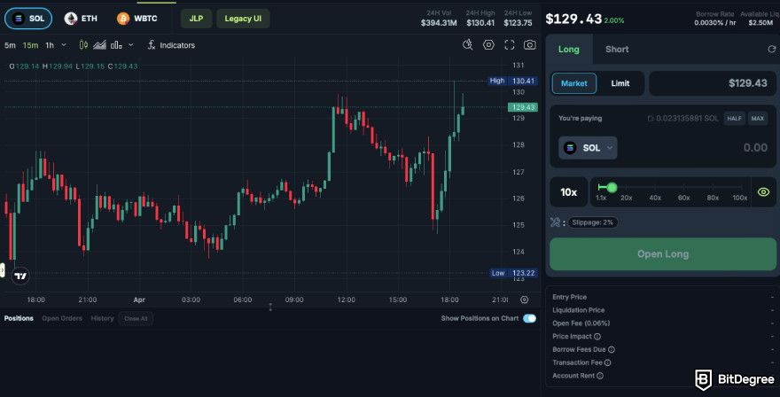 How to claim Jupiter airdrop: a screenshot of Jupiter's perpetuals trading platform.