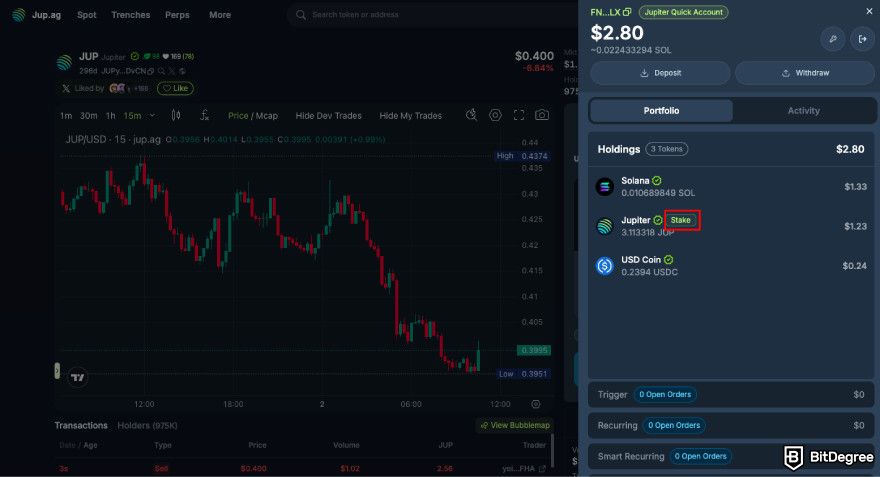 How to claim Jupiter airdrop: click Stake on your portfolio.