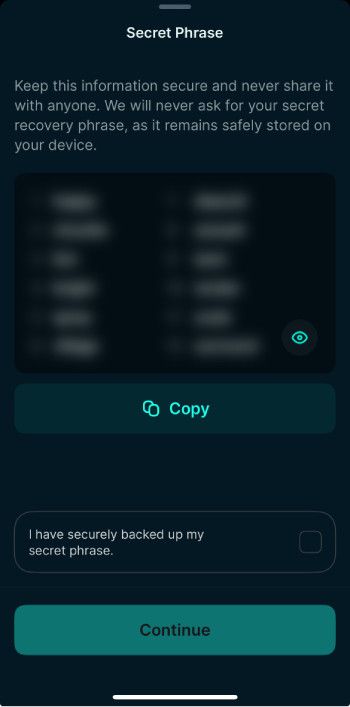 How to claim Jupiter airdrop: copy your secret phrase and click [Continue].