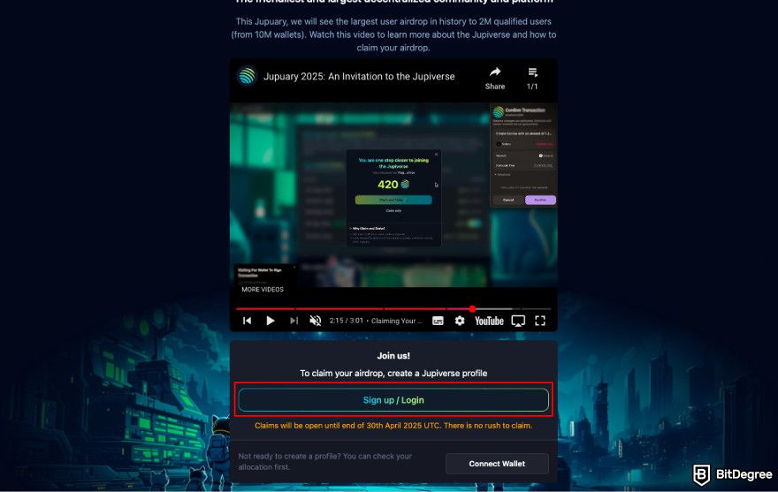 How to claim Jupiter airdrop: click [Sign up / Login].