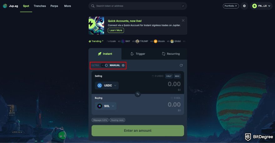 How to claim Jupiter airdrop: select Ultra or Manual mode.
