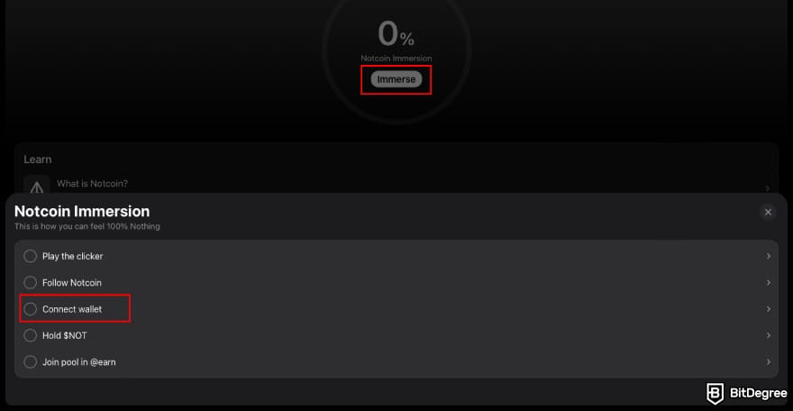 How to claim Notcoin airdrop: click [Immerse] and [Connect wallet].