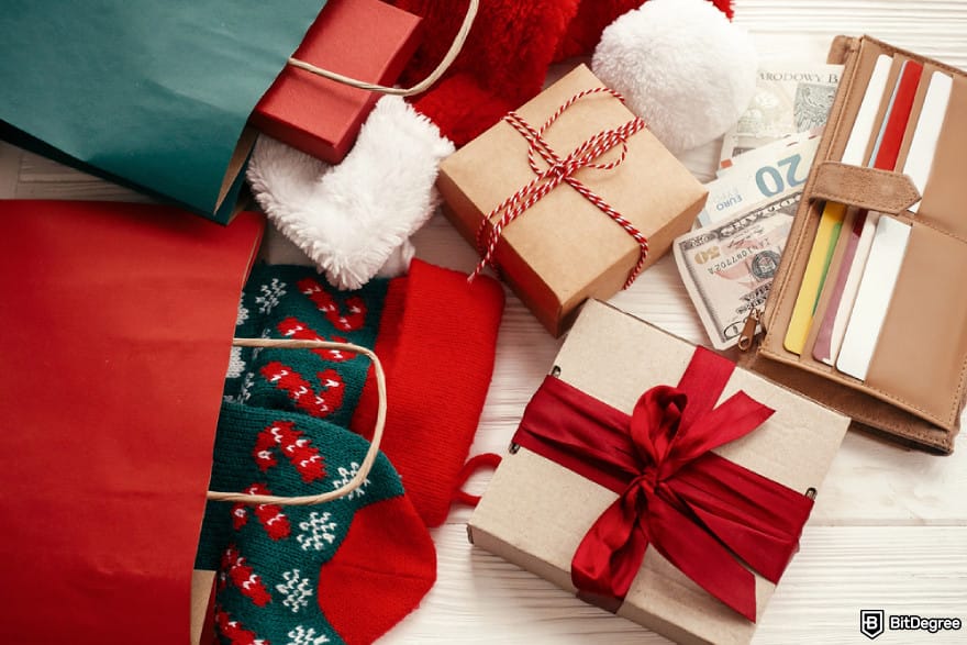 How to claim Optimism airdrop: credit cards and money in wallet, along with paper bags with clothes, stockings, gift boxes.