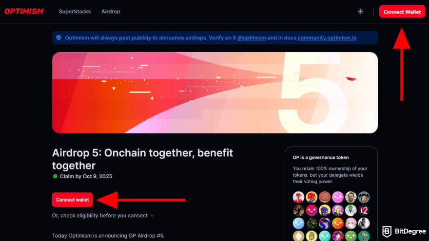 How to claim Optimism airdrop: connect your crypto wallet.