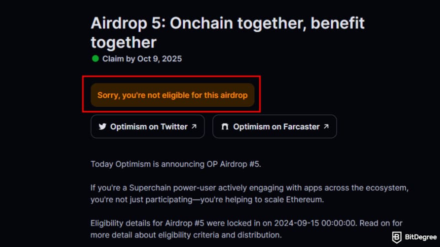 How to claim Optimism airdrop: a message showing whether your wallet is eligible.
