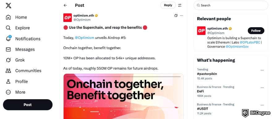 How to claim Optimism airdrop: Optimism's post on X about Airdrop 5.