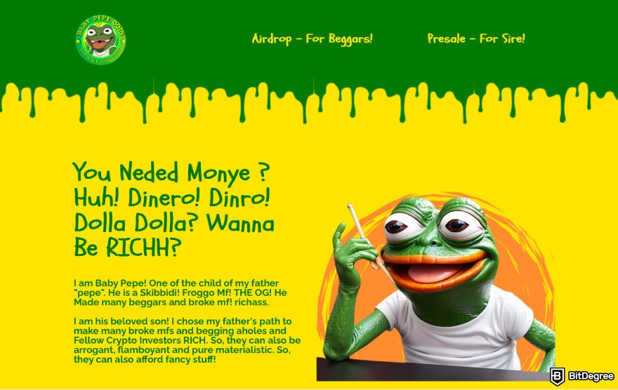 How to claim Pepe airdrop: a screenshot of the Baby Pepe website.