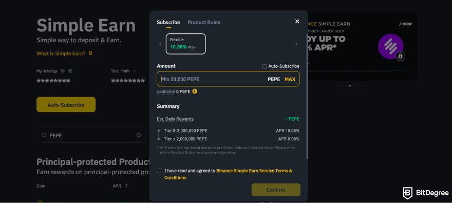 How to claim Pepe airdrop: click Confirm on Binance Earn.