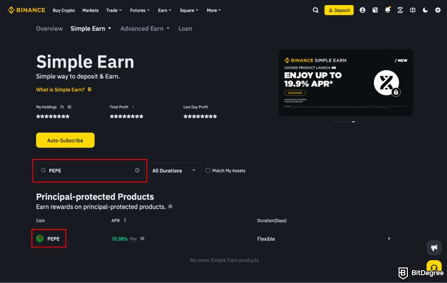 How to claim Pepe airdrop: find Pepe on Binance Simple Earn.