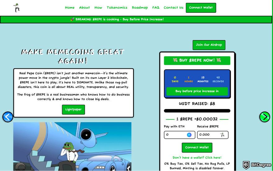 How to claim Pepe airdrop: a screenshot of the Real Pepe website.