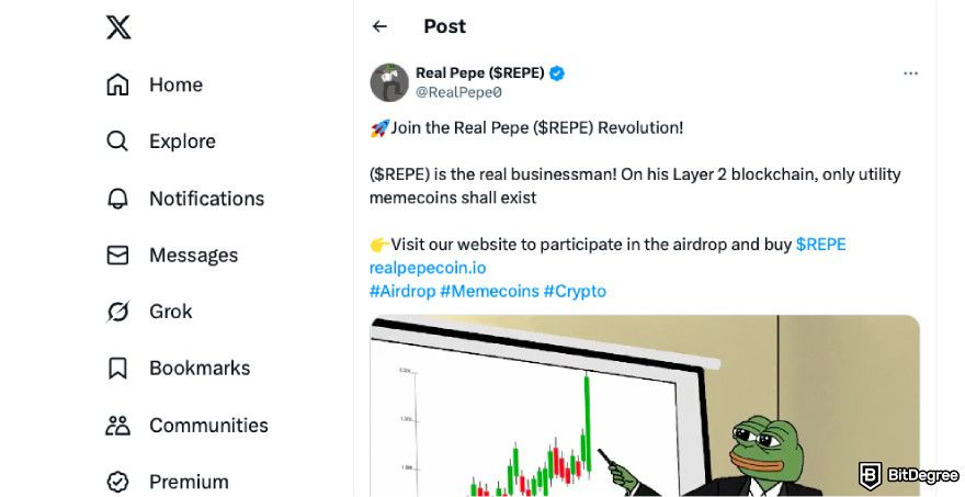 How to claim Pepe airdrop: engage with the Real Pepe X post.