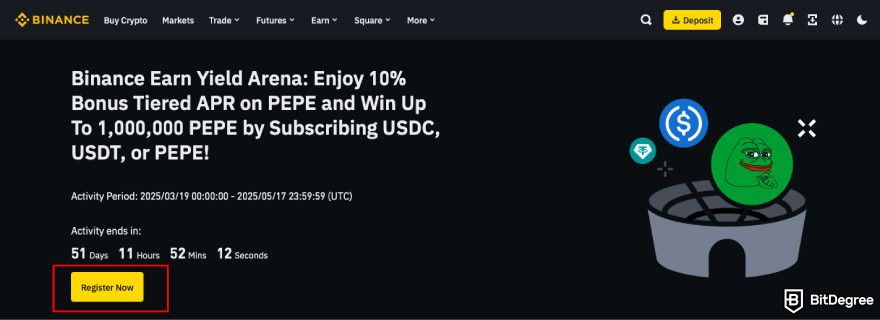 How to claim Pepe airdrop: register on the Binance campaign.
