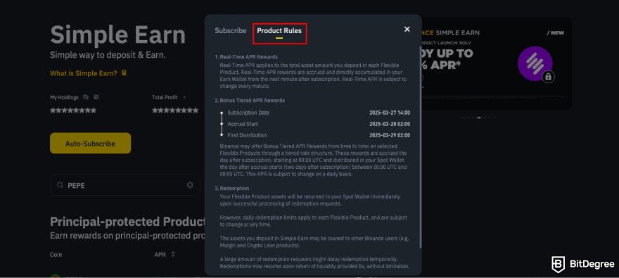 How to claim Pepe airdrop: read the subscription rules on Binance Earn.