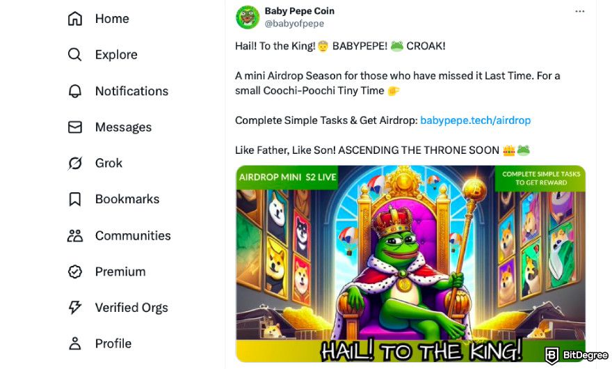 How to claim Pepe airdrop: engage with the Baby Pepe X post.