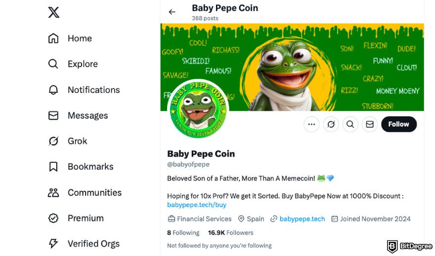 How to claim Pepe airdrop: follow Baby Pepe on X.