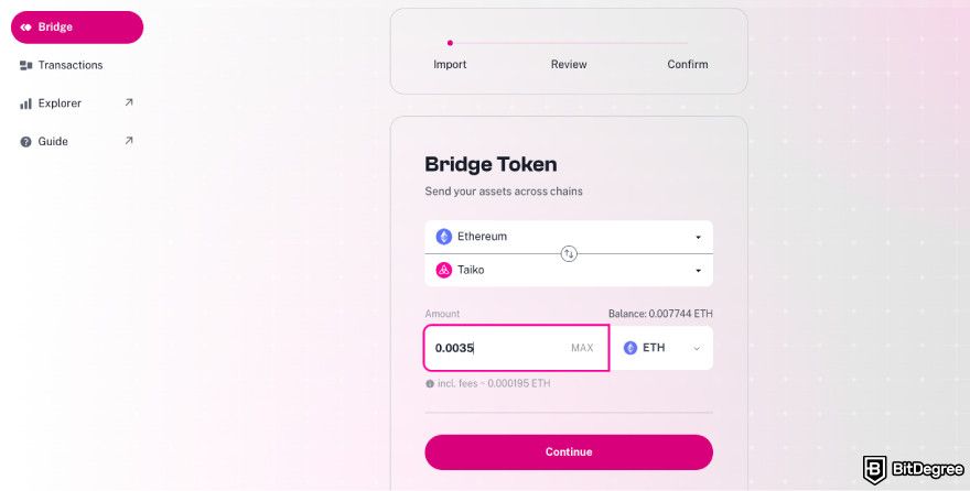 How to claim Taiko airdrop: enter the amount of tokens you want to bridge.