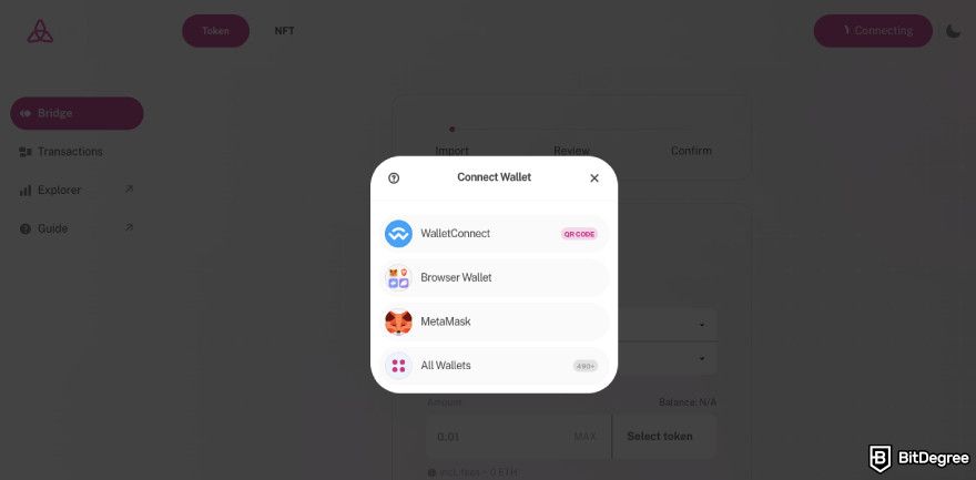 How to claim Taiko airdrop: choose the crypto wallet you want to use for bridging.