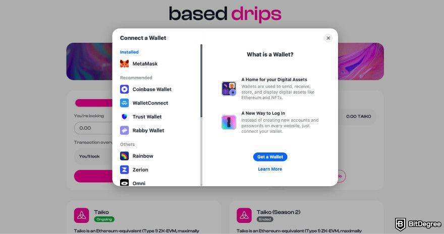 How to claim Taiko airdrop: select crypto wallet on Taiko Drips.