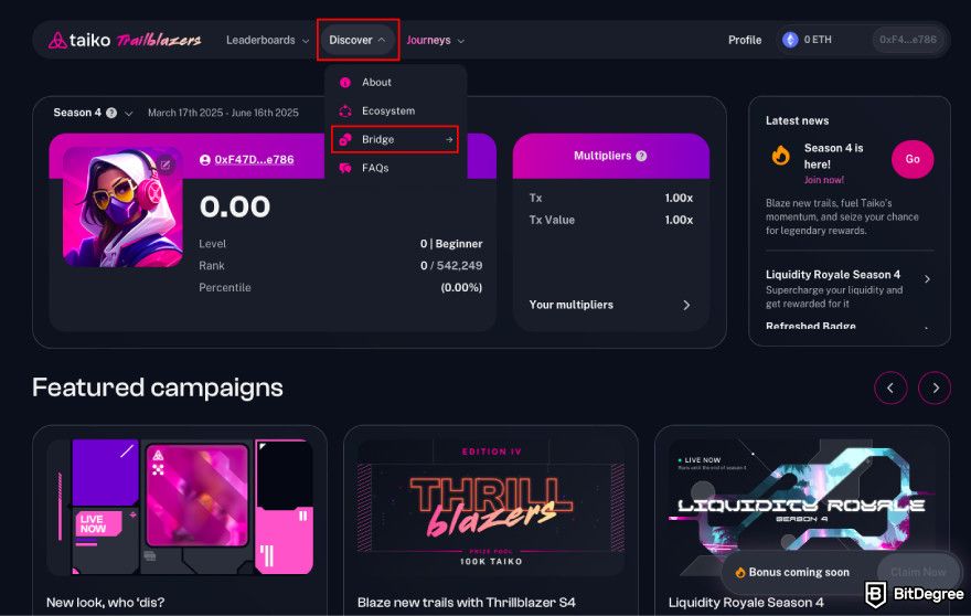How to claim Taiko airdrop: hover over [Discover] and click [Bridge].