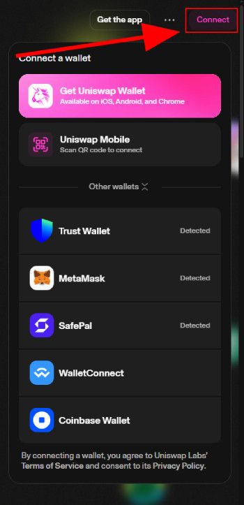 How to claim Uniswap airdrop: click the connect button to start connecting your wallet.
