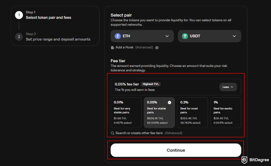 How to claim Uniswap airdrop: choose a fee tier.