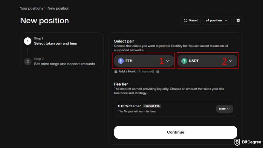 How to claim Uniswap airdrop: choose the token pair.