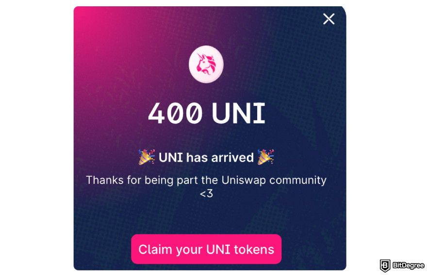 How to claim Uniswap airdrop: claim popup showing how many tokens you are eligible for.
