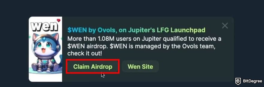 How to claim WEN airdrop: a text box for claiming WEN airdrop on the Jupiter exchange.