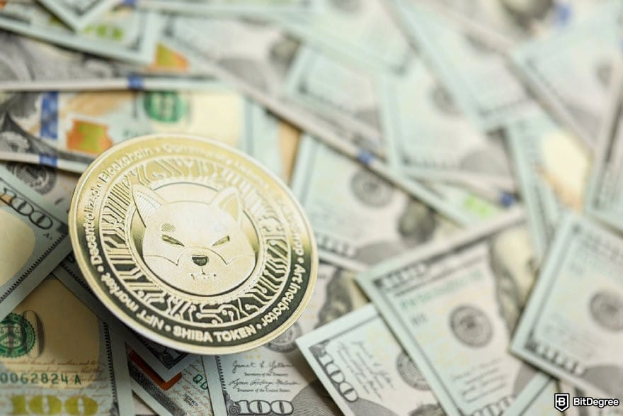 How to claim WEN airdrop: a golden SHIBA coins on top of a pile of 100 USD bills.