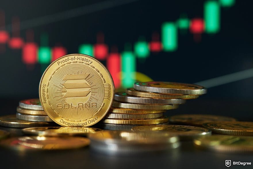 How to claim WEN airdrop: a stack of Solana coins in front of a candlestick chart.