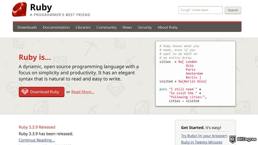 How to code for beginners: Ruby homepage.